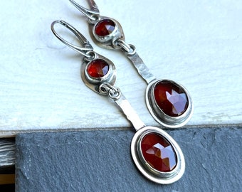 Garnet dangle earrings, dark red gemstone earrings, classic silver drop earrings, feminine artisan jewelry,handmade birthstone jewelry