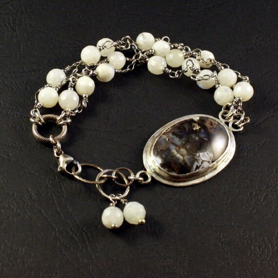 silver metal bracelet with agate sprig