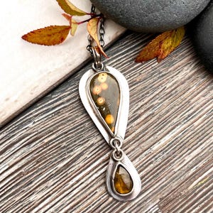 Oxidized Sterling Silver Teardrop Pendant: Green River Jasper & Tourmaline