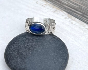 Kyanite ring in sterling silver, denim blue gemstone ring, artisan blue ring with textured band,oxidized silver kyanite jewelry, raw ring