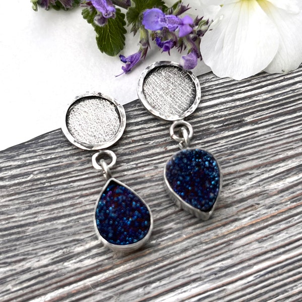 925 sterling silver, titanium druzy gemstone earrings, designer handmade jewelry, textured silver, cobalt blue stud earrings,moving teardrop