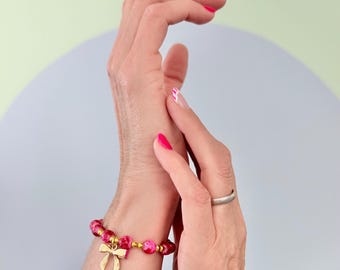 Pink Bow Sprinkle Stacks- Stretchy Beaded Bracelet for Layering and Stacking