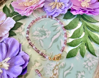 Purple and Gold Beaded Bracelet with Clasp and Extender Chain for Layering and Stacking
