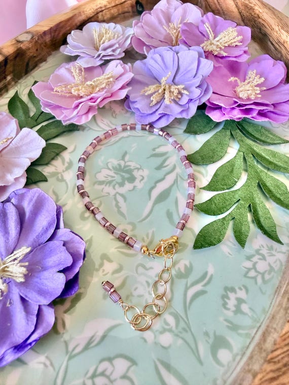 Purple and Gold Beaded Bracelet with Clasp and Extender Chain for Layering and Stacking