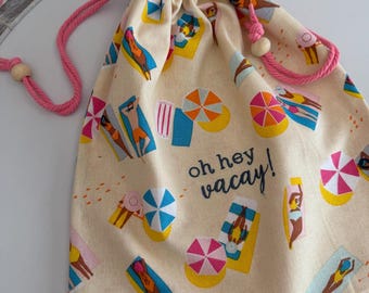 Oh Hey Vacay Repurposed Drawstring Bag - Made from Kitchen Tea Towel
