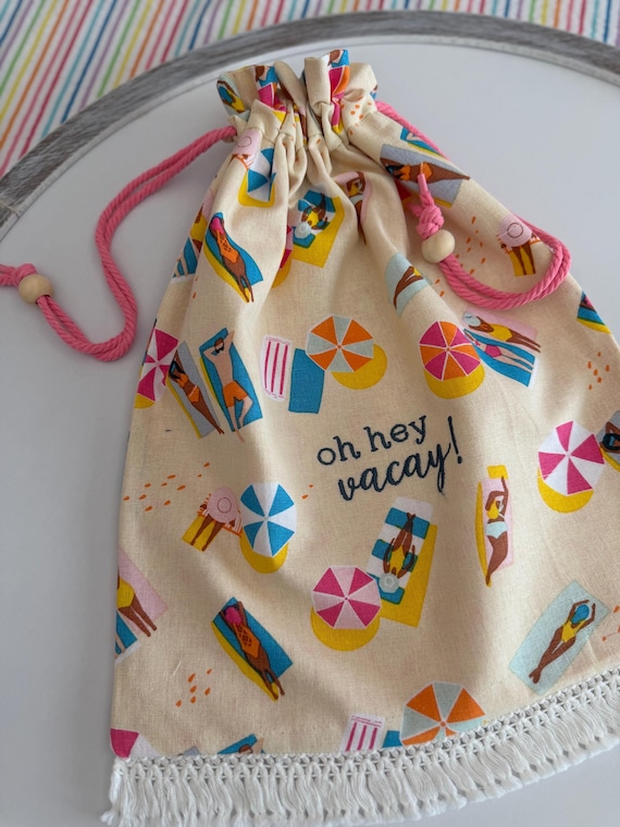 Oh Hey Vacay Repurposed Drawstring Bag - Made from Kitchen Tea Towel