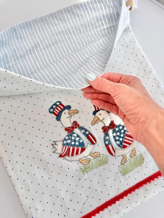 Uncle Sam Geese Repurposed Drawstring Bag - Made from Kitchen Tea Towel