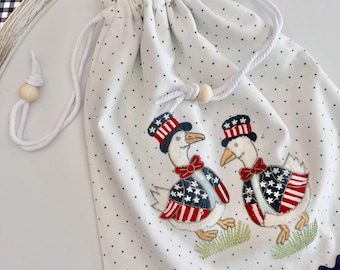 Red, White, and Blue Geese Repurposed Drawstring Bag - Made from Kitchen Tea Towel