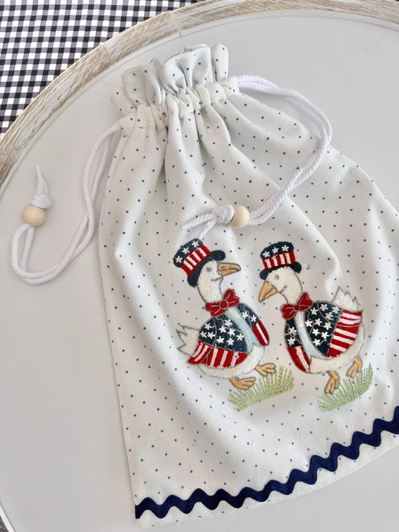Red, White, and Blue Geese Repurposed Drawstring Bag - Made from Kitchen Tea Towel