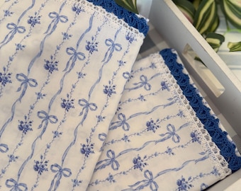 Blue Bows Print- Delicate and Dainty Crochet Lace Edge Pillowcase