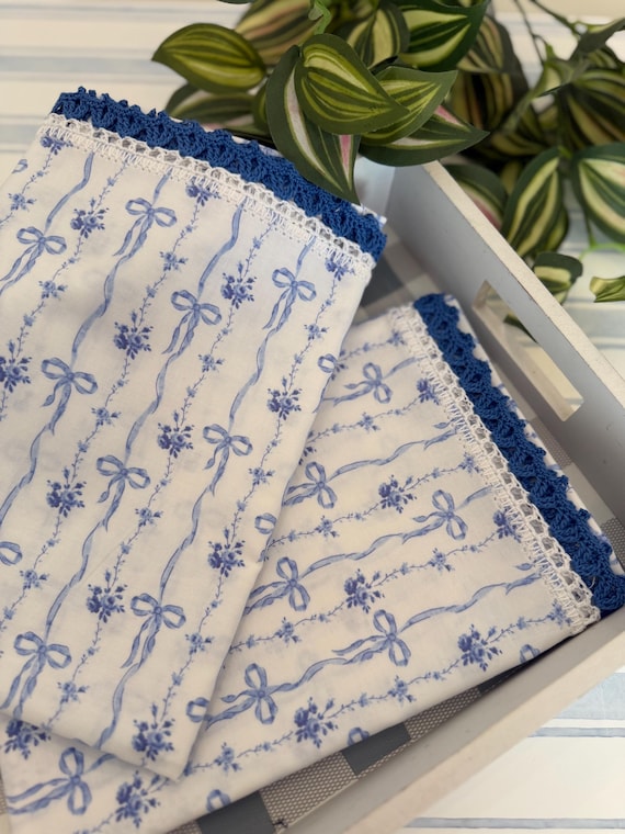 Blue Bows Print- Delicate and Dainty Crochet Lace Edge Pillowcase