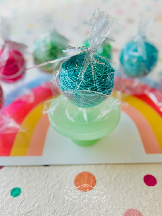 Minty Sweet Gumball Mini yarn in a tiny dessert cup