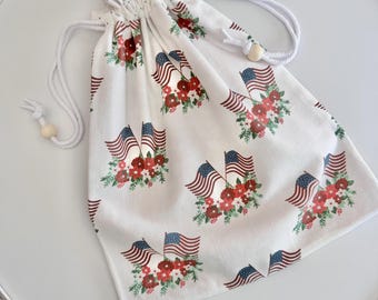 Old Glory Repurposed Drawstring Bag - Made from Kitchen Tea Towel