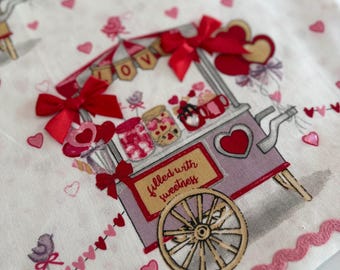 Hearts All Over Repurposed Drawstring Bag - Made from Kitchen Tea Towel