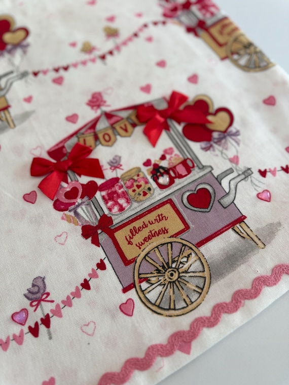 Hearts All Over Repurposed Drawstring Bag - Made from Kitchen Tea Towel