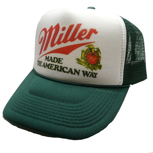 Miller Beer Trucker Hat mesh hat snap back hat Dark Green new adjustable Made the American way