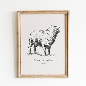 Könnte beinhalten: Eine Schwarzweißillustration eines Schafes mit dem Text "Your face, LORD, I will seek. Psalm 27:8"