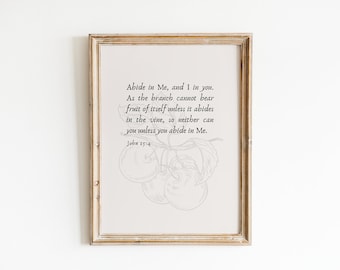 abide in me printable wall art. john 15:4 wall art. bible sketches. farmhouse christian print. minimal scripture. farmhouse bible verse art