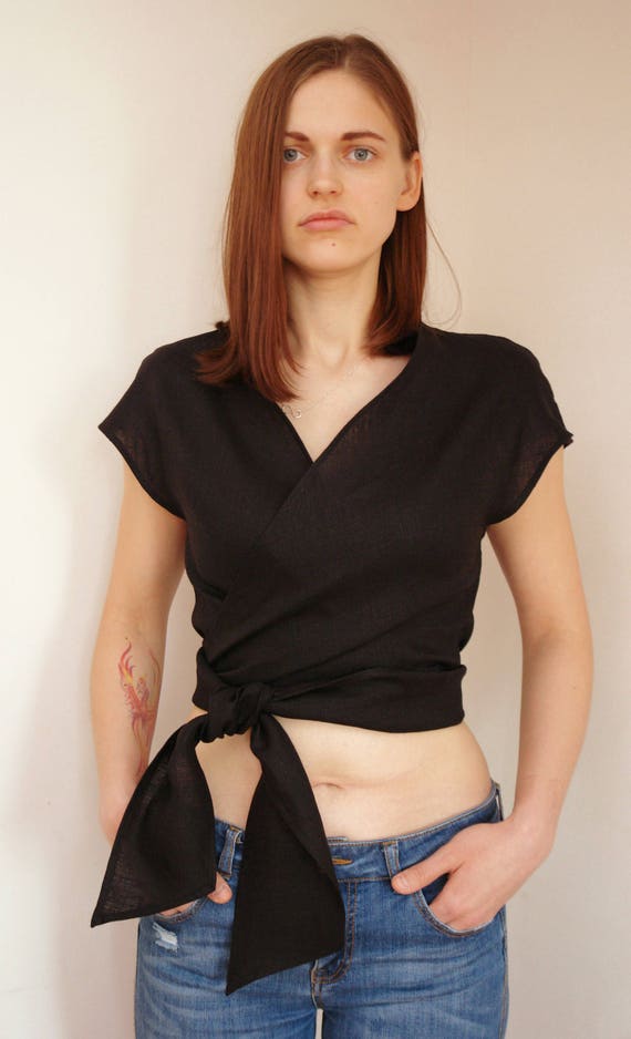 Black linen crop top Womens linen wrap top Plus size linen Etsy