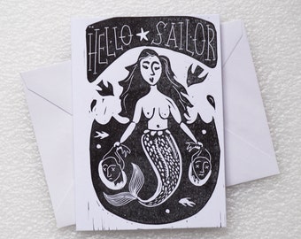 Card Lino Print / Mermaid A6