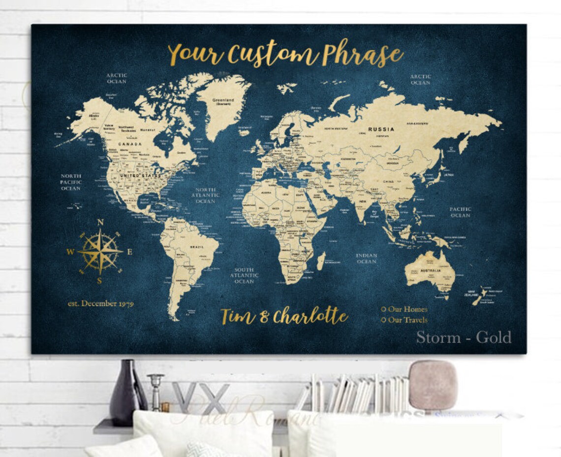 Push Pin World Map Push Pin Map World Canvas Anniversary Gift Etsy
