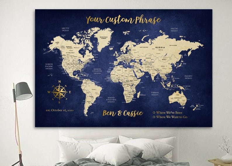 Push Pin Map World Travel Map Canvas Anniversary Wedding Gift | Etsy