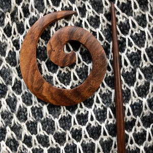 Wooden SWIRL shaped -  Indian rosewood  - SHAWL PIN, beautiful with turned stick with a little organza bag