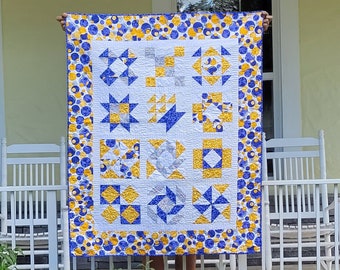 Yellow and White and Blue Sampler Handmade Quilt, Natural Baby Blanket, Crib/Cot Quilt, Cotton Quilted Blanket, Baby Shower Gift