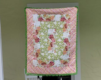 Pink and Green Flowers with PomPoms Handmade Quilt, Natural Baby Blanket, Crib/Cot Quilt, Cotton Quilted Blanket, Baby Shower Gift