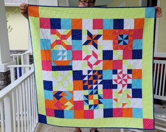 Lime Green and Pink and Orange and Blue Sampler Handmade Quilt, Natural Baby Blanket, Crib/Cot Quilt, Cotton Quilted Blanket