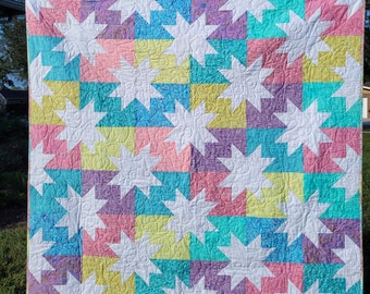 Modern Pastel Batik with White Stars Handmade Reversable Quilt, Natural Baby Blanket, Crib/Cot Quilt, Cotton Quilted Blanket