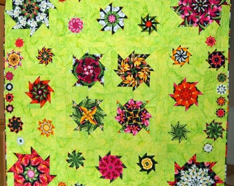 Floral Kaleidoscope Lime Green Background Quilt