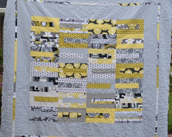 Modern Yellow, Gray, Black & White Striped Lap Quilt/Throw