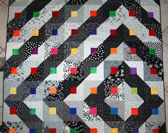 Modern Quilt/Throw, Black and White with bright squares, off-center design layout