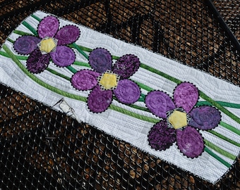 Purple Flowers with green black and yellow accents Handmade Tablerunner