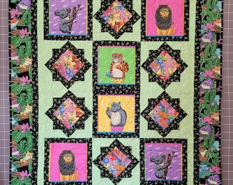 Bright Tropical Jungle Animal Reversible Quilt, Cotton Quilted Blanket, Shower Gift