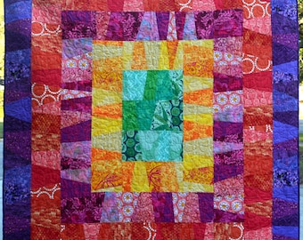 Large Modern quilt with bright, saturated colors, Primary and Jewel Tones