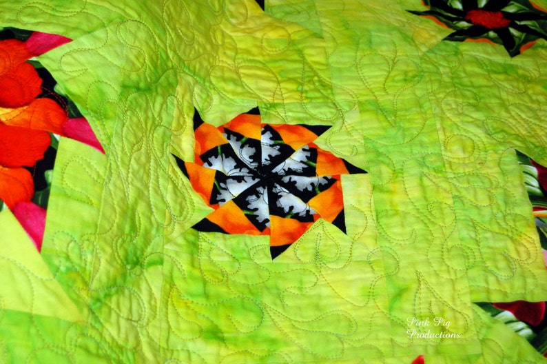Floral Kaleidoscope Lime Green Background Quilt Etsy