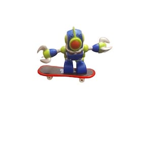May include: A blue and green robot figure on a red and black skateboard. The robot has a large, round, red eye and a green body. The skateboard has black wheels.