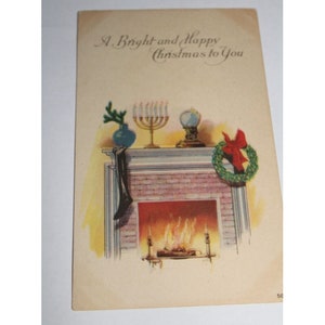 Vintage 1922 A Bright and Happy Christmas to You Postkarte Postkarte Kamin Menorah Kranz