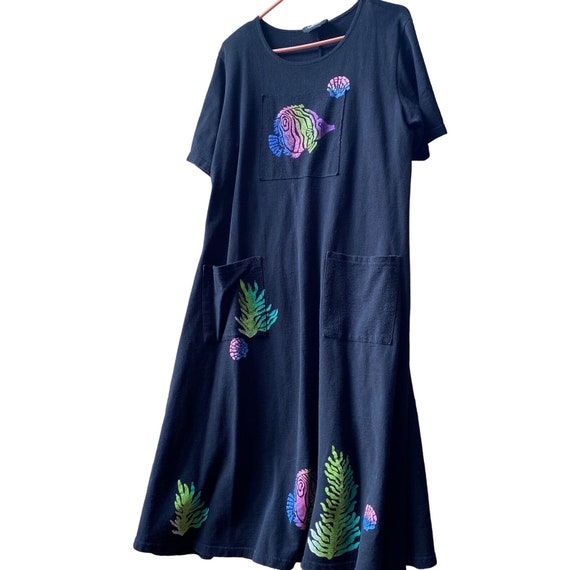 Moo Moo Dress LA Art Wear Cotton Sheath Maxi Fish Shells All Over