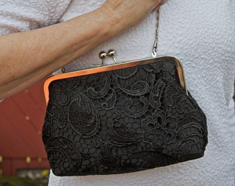 Black Lace Bridal Clutch, Mother of the Bride Satin Wedding Purse, Lace Bridesmaid Clutch, Eight inch Frame,