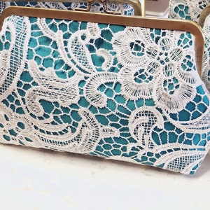 Turquoise Bridesmaid Clutch Set of 5, 6, or 7 | Personalized Lace Bridal Clutch | Bridesmaid Clutch | Lace Wedding Purse 8-inch Clasp