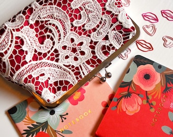 Red Satin & Lace Clutch, Bridesmaid Clutch Gift, Red Purse, Satin Bridal Clutch with Lace Overlay, 8 Inch Clasp, Red Wedding Purse