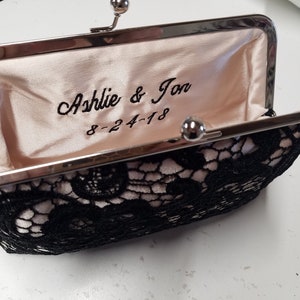 Champagne & Black Lace Bridal Clutch Mother of the Bride Gift, Handmade Ivory Lace Bridesmaid Clutch Personalized Wedding Clutch 8in Clasp image 3
