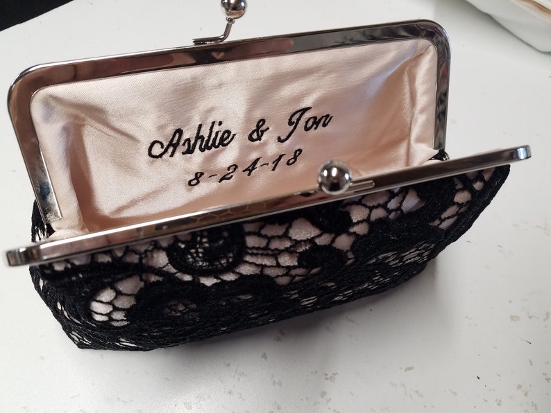 Champagne & Black Lace Bridal Clutch Mother of the Bride Gift, Handmade Ivory Lace Bridesmaid Clutch Personalized Wedding Clutch 8in Clasp image 3