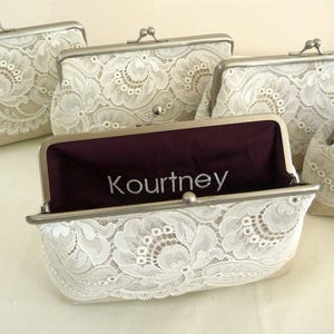 Leaf Lace Bridesmaid Clutch Set of 5, Set of 6 or 7, Lace Bridesmaid Clutch Gift, Personalized Wedding Clutch, Bridesmaid Purse 7-Inch Clasp