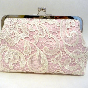 Pink Satin Lace Clutch, Bridesmaid Clutch, Wedding Clutch Purse, Bridal Lace Purse, Eight inch Frame