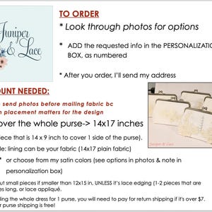 May include: Image of a light blue background with the text "Juniper & Lace" and floral accents. The text "TO ORDER" and "AMOUNT NEEDED" are also present. Several off-white purses with floral embellishments are shown.