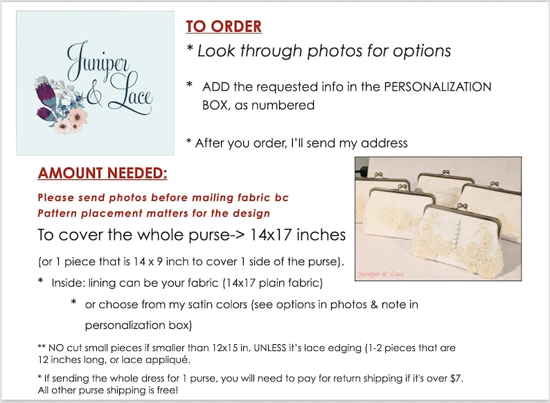 May include: Image of a light blue background with the text "Juniper & Lace" and floral accents. The text "TO ORDER" and "AMOUNT NEEDED" are also present. Several off-white purses with floral embellishments are shown.